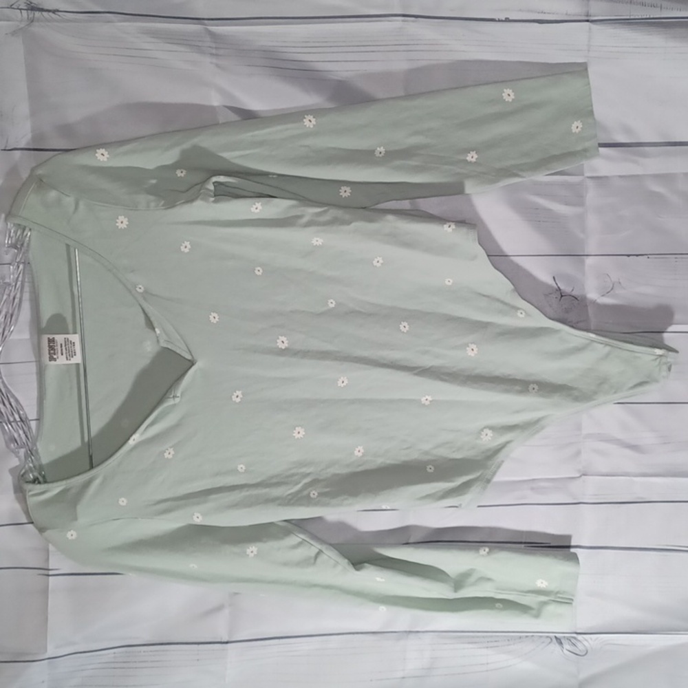 PINK Mint Green Floral Long Sleeve Bodysuit Size M